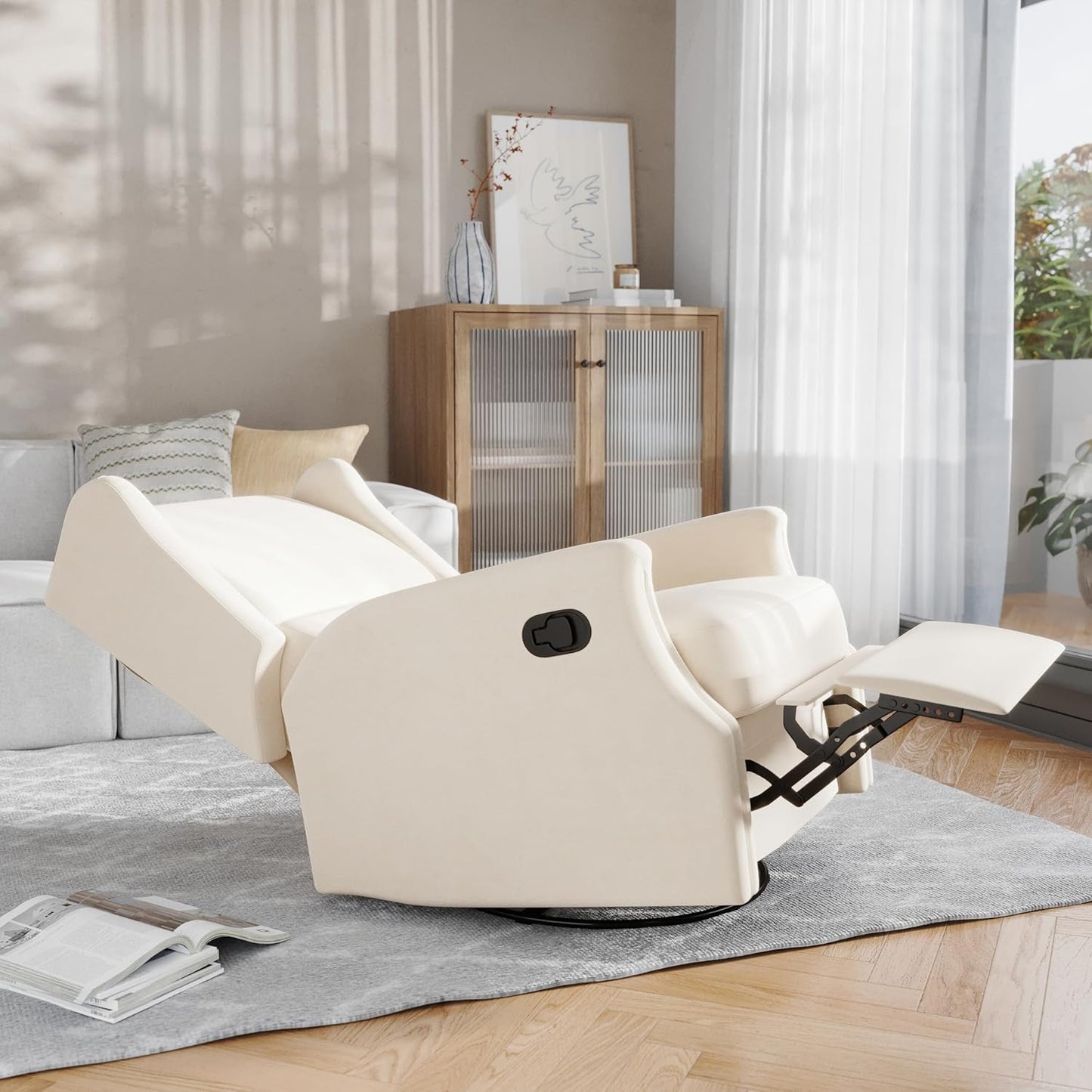 Omma Swivel Glider Rocking Recliner, Manual Wingback Recliner with 360 Degree Swivel, for Living Room, Bedroom, or Nursery, Upholstered, Cream-4