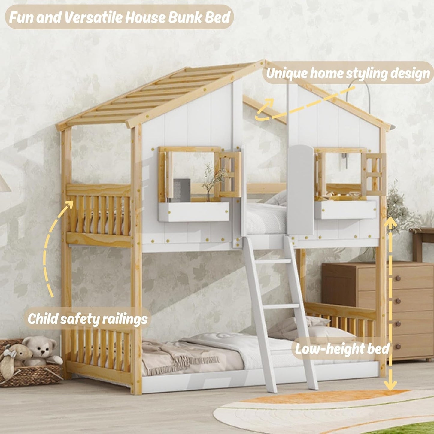 House Bunk Bed Twin over Twin for Kids, Wood Bunk Beds with Roof, Windows, Window Box and Small Door, Floor Bunk Beds with Ladder and Guard Rails for Girls Boys,Natural-2