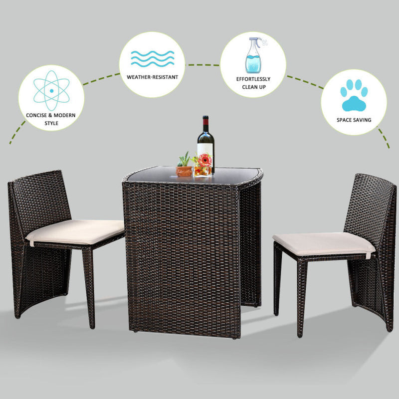 3 Pieces Cushioned Wicker Patio Bistro Set with No Assembly Needed-4