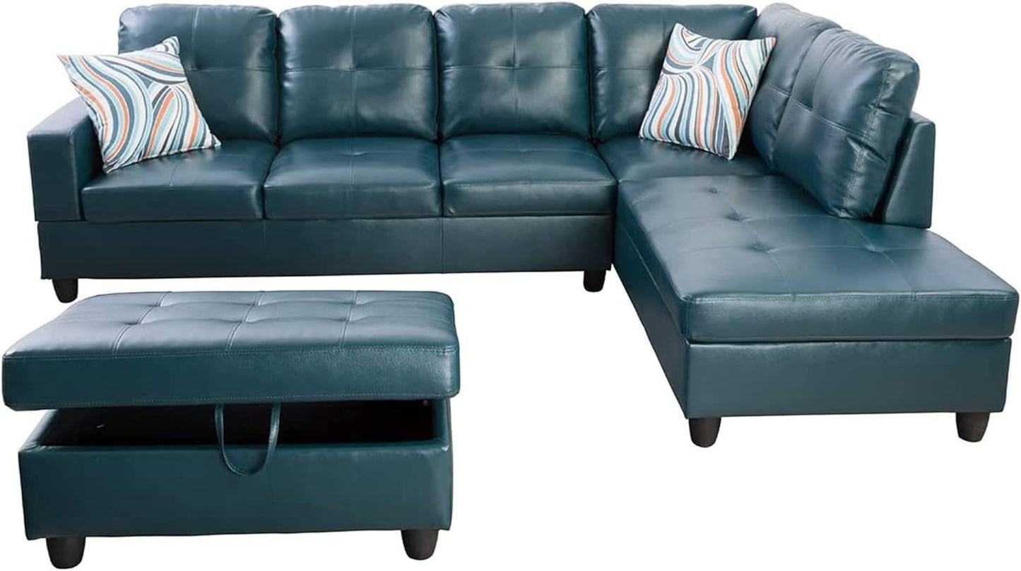 Sectional Sofa Faux Leather Modern L Shaped Couch Set 103.5”Wide Including Chaise and 3 Seating Sofa with Storage Ottoman for Living Room Furniture (Right Hand Facing, A-Denim)-2