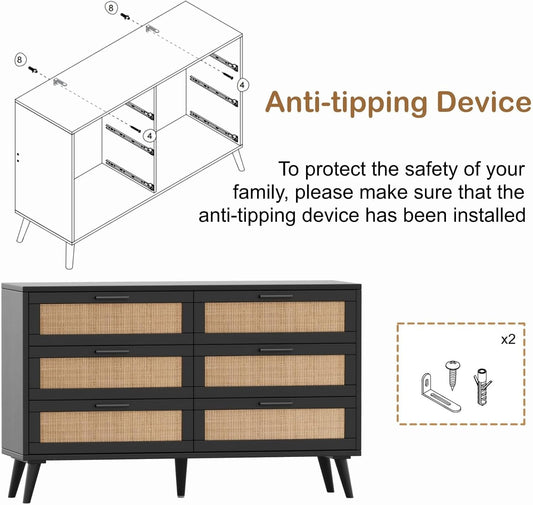 6 Drawer Double Dresser for Bedroom, Rattan Chest of Dressers, Modern Wooden Dresser Chest with Golden Handles, beside Table for Closet, Living Room and Entryway, Black and Natural-1