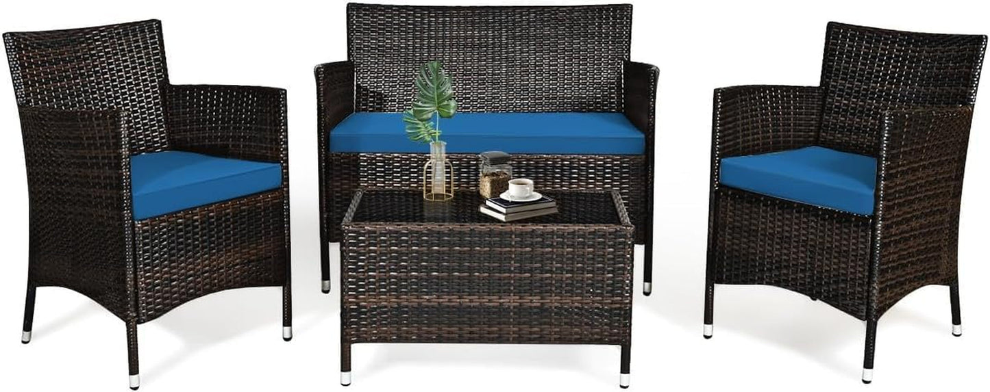4 Piece Rattan Patio Furniture Set, Sectional Sofa Chair, Wicker Set with Tempered Glass Coffee Table & Thick Cushions, Wicker Patio Set for Garden, Lawn, Poolside, Backyard (Peacock Blue)-0