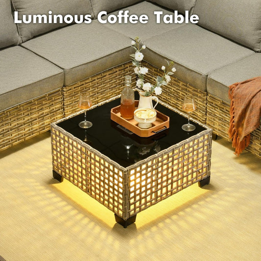 WEAXTY 6 Pieces Wicker Patio Furniture,Outdoor Sectional Furniture Set with Cushions and Luminous Coffee Table,All-Weather Conversation Sets Patio Furniture(Dark Gray)-1