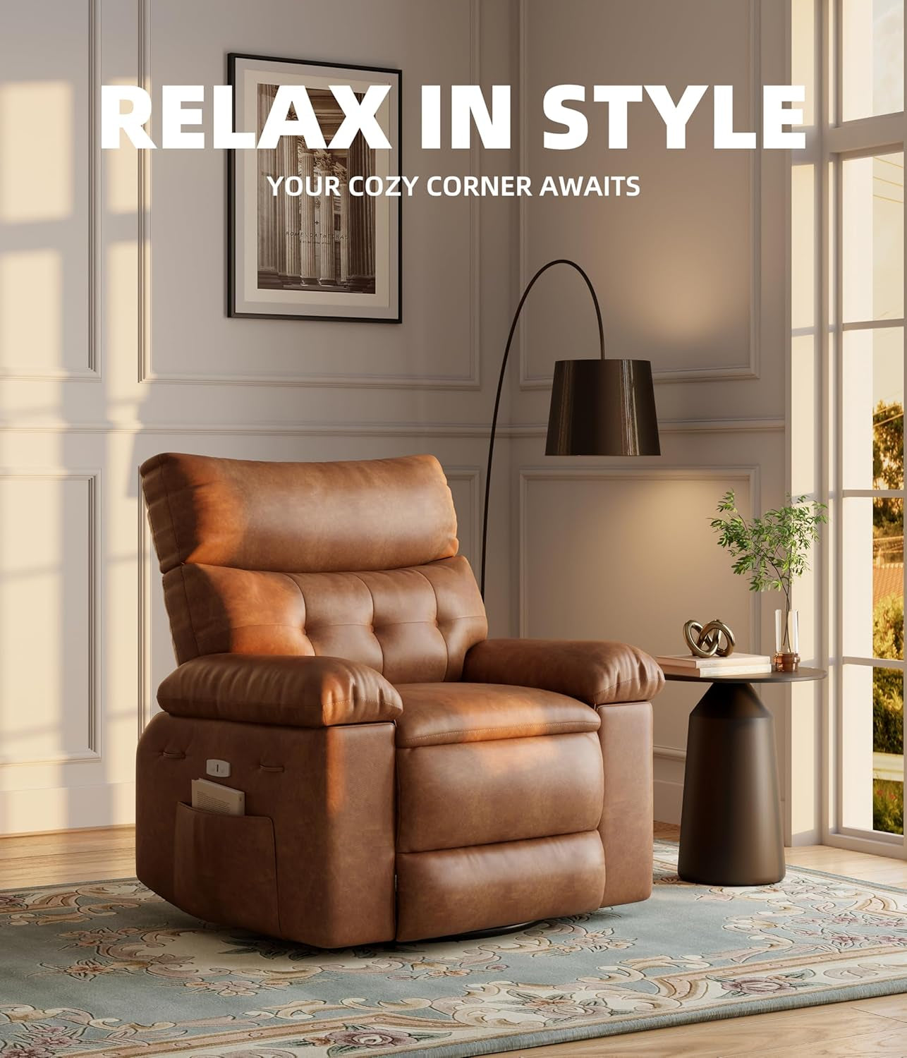 Oversized Electric Recliner Chair - 360° Rocker Swivel Recliner with Heat and Massage, PU Leather Large Recliner for Adults, Comfortable Lazy Boy with 1.5X Sponge Filling for Living Room-2