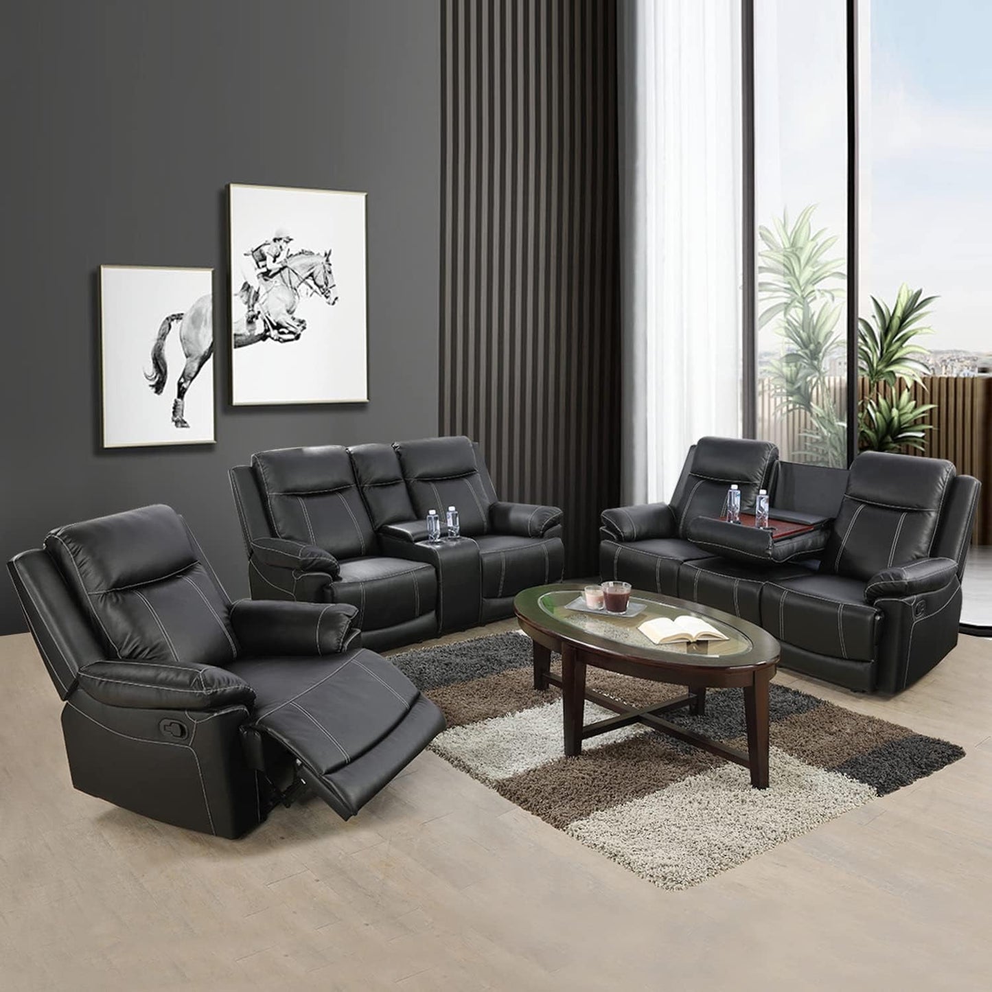 Manual Recliner Sofa Set, Bonded Leather Sofa with Recliners, Reclining Couch Set with Storage Console and Cup-Holders for Living Room/House/Bedroom/Office/Apartment (Black / 3 Pieces Set)-1