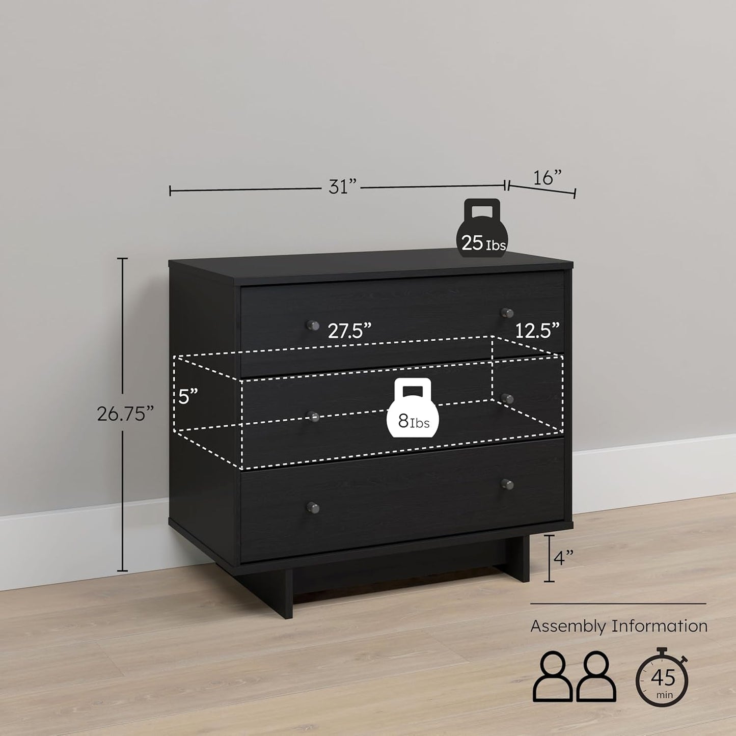 Finnley 3-Drawer Nightstand in Black Oak, Extra-Wide Bedside Table with Storage, Modern End Table for Home, Bedroom, Living Room, 16" D X 31" W X 26.75" H-2