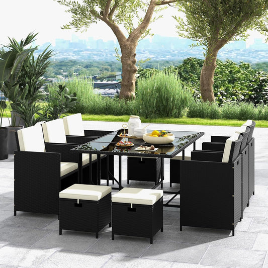11 Pieces Patio Dining Set, Space-Saving Wicker Chairs & Tempered Glass Table with Ottomans, Thick Soft Cushions, Outdoor Conversation Furniture Set for Garden Yard Poolside-1