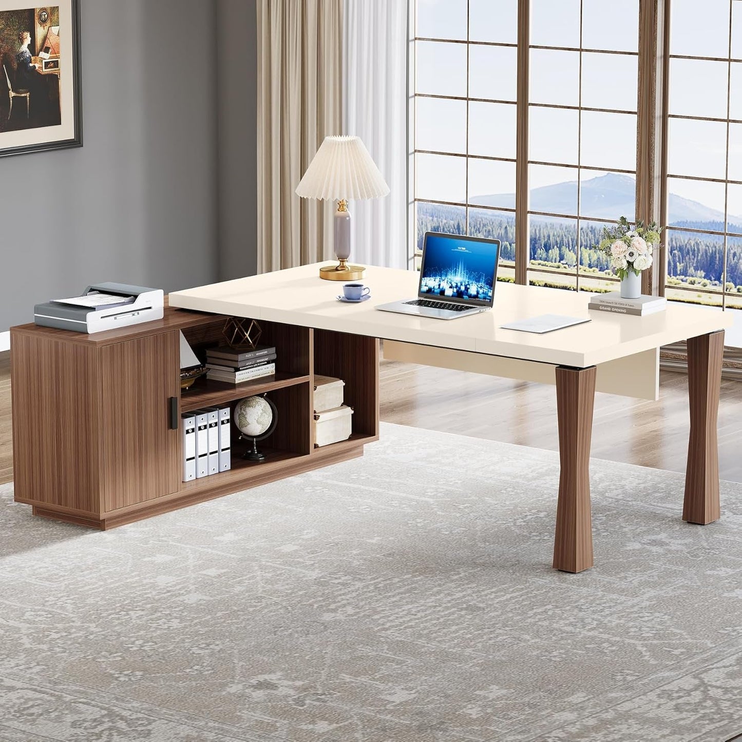 78.7-Inch Executive Desk, L-Shaped Desk with Cabinet, Large Office Desk with Storage Shelves, Writing Table Desk Business Furniture Set for Home Office, Cream White Walnut-2