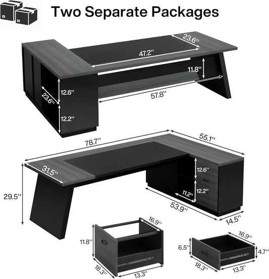 78" L-Shaped Executive Desk, Large Modern Office Desk with Drawers and Lateral File Cabinet, Business Furniture with Storage Shelves, Big Computer Desk for Home Office (Grey + Blcak)-1