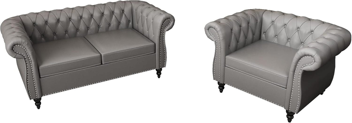 2 Piece Living Room Set, Chesterfield PU Leather Sofa Loveseat Couch Chair with Scroll Arms and Nailhead for Living Room, Office (PU Grey, 1-2)-4