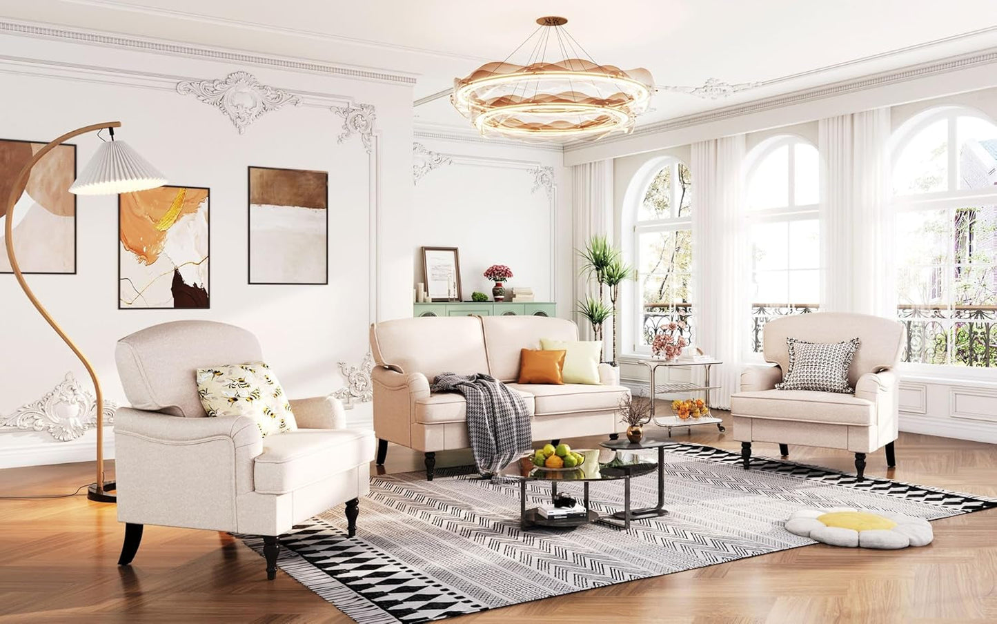 3 Piece Living Room Furniture Set, 1 Loveseat & 2 Accent Chairs, Linen Fabric Comfy Sectional Sofa Couch for Living Room, Bedroom, Off-White-2