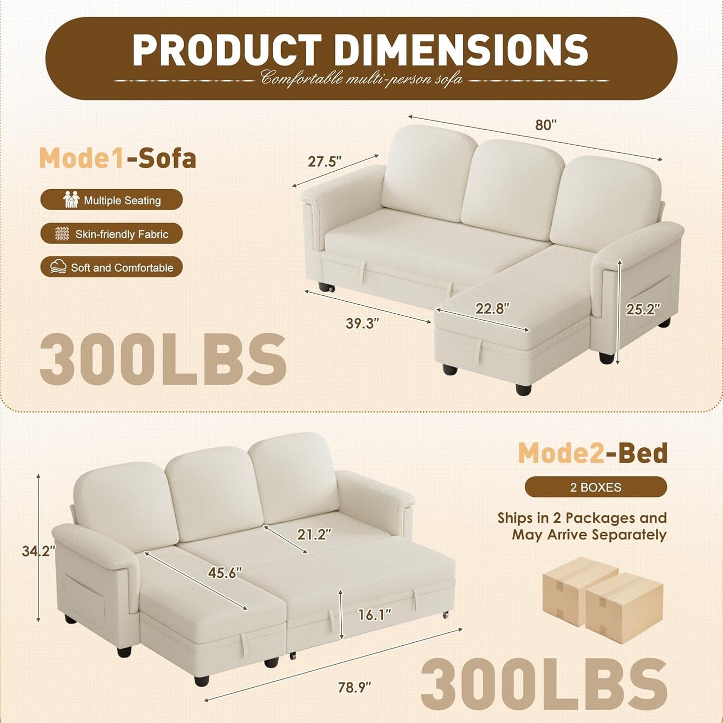 Sleeper L-Shaped Couch Sofa Bed Convertible Sectional Pull Out Couches,With Storage Space,For Living Room,Cotton(Beige)-1