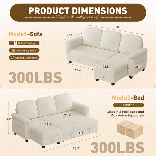 Sleeper L-Shaped Couch Sofa Bed Convertible Sectional Pull Out Couches,With Storage Space,For Living Room,Cotton(Beige)-1