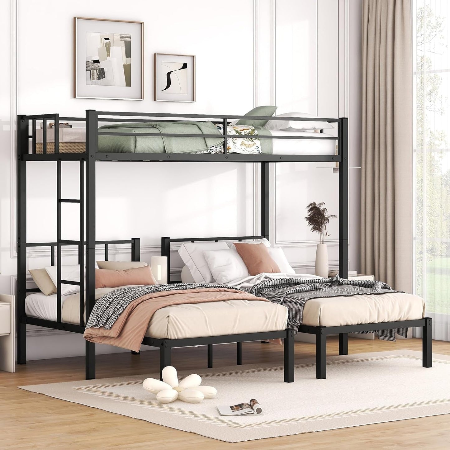 Twin over Twin over Twin Triple Bunk Bed for Kids,3 Bed Bunk Beds for 3,Metal Triple Bunk Beds with Built-In Desk,Separates into 3 Twin Beds,Noise Reduced Structure,Black-4