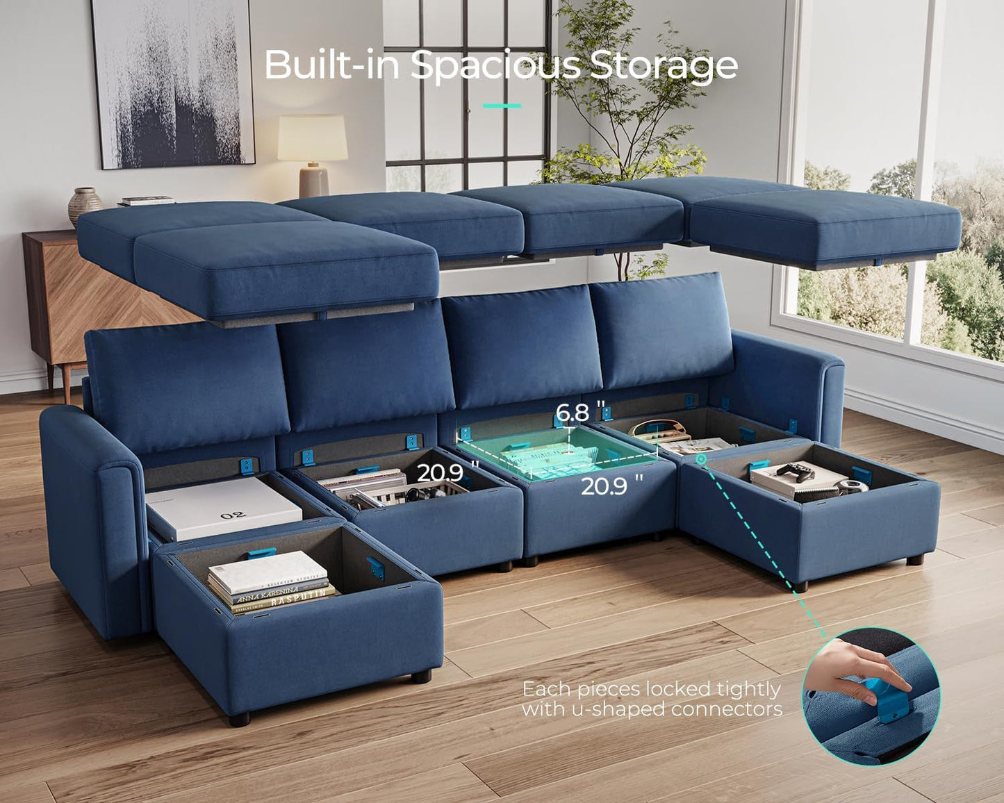Blue Modular U-Shaped Sectional, Storage, Memory Foam-4