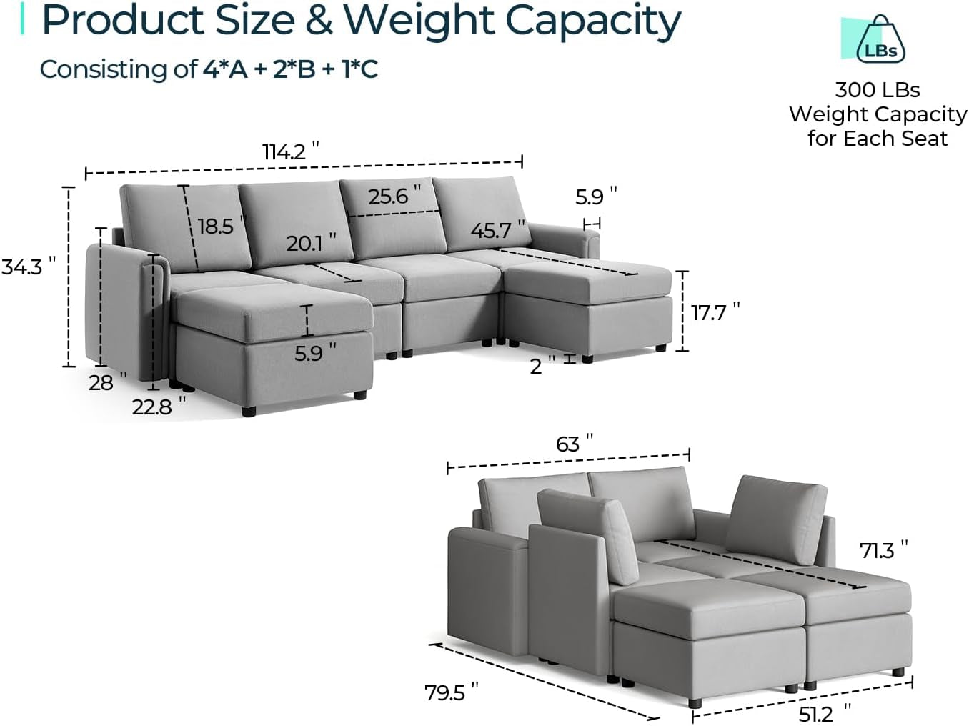 6 Seat Grey Modular Sofa, Ottomans, Storage-2