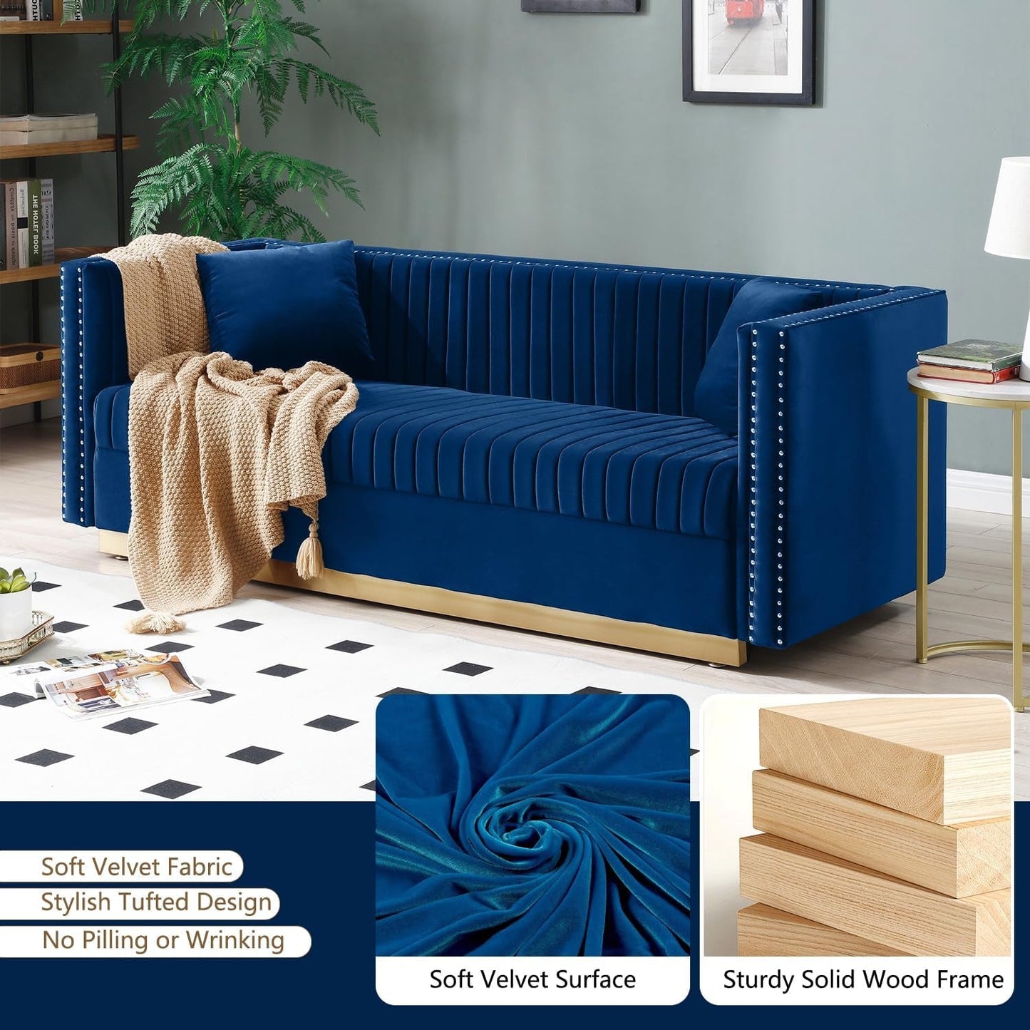 Velvet Sofa Set: Modern L Shaped Couch and Loveseat Set with Gold Metal Legs and Nailhead for Living Room, Apartment and Office (Blue)-4