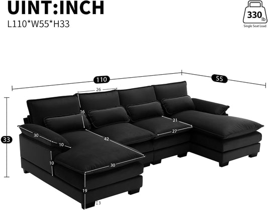 110" Modular Sectional Couches with Waist Pillows, 6-Seat U-Shaped Upholstered Sleeper Sofa Bed Chaise Lounge for Living Room Furniture, Large, Black-1