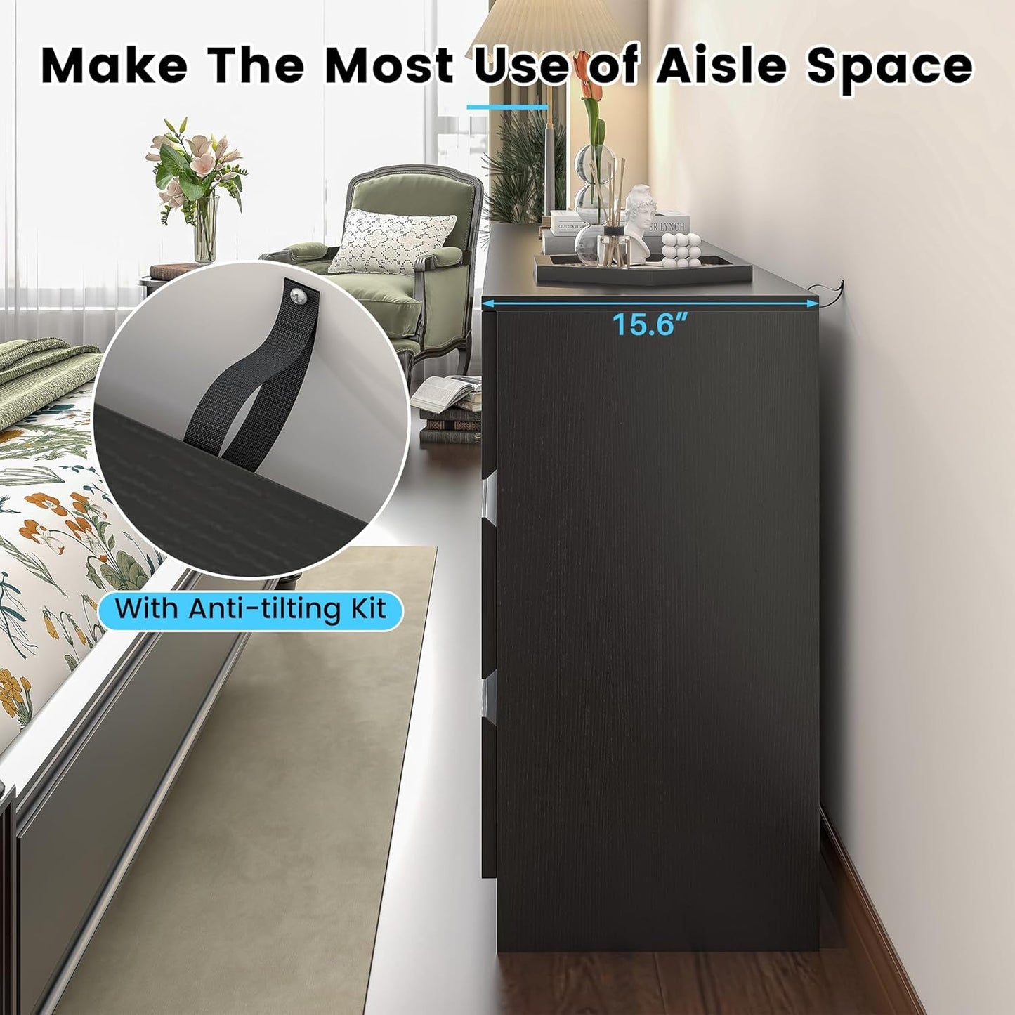 9 Drawer Dresser for Bedroom, Black Dresser with Embedded Handle, Modern Wood Dresser for Bedroom, Living Room, Hallway-4