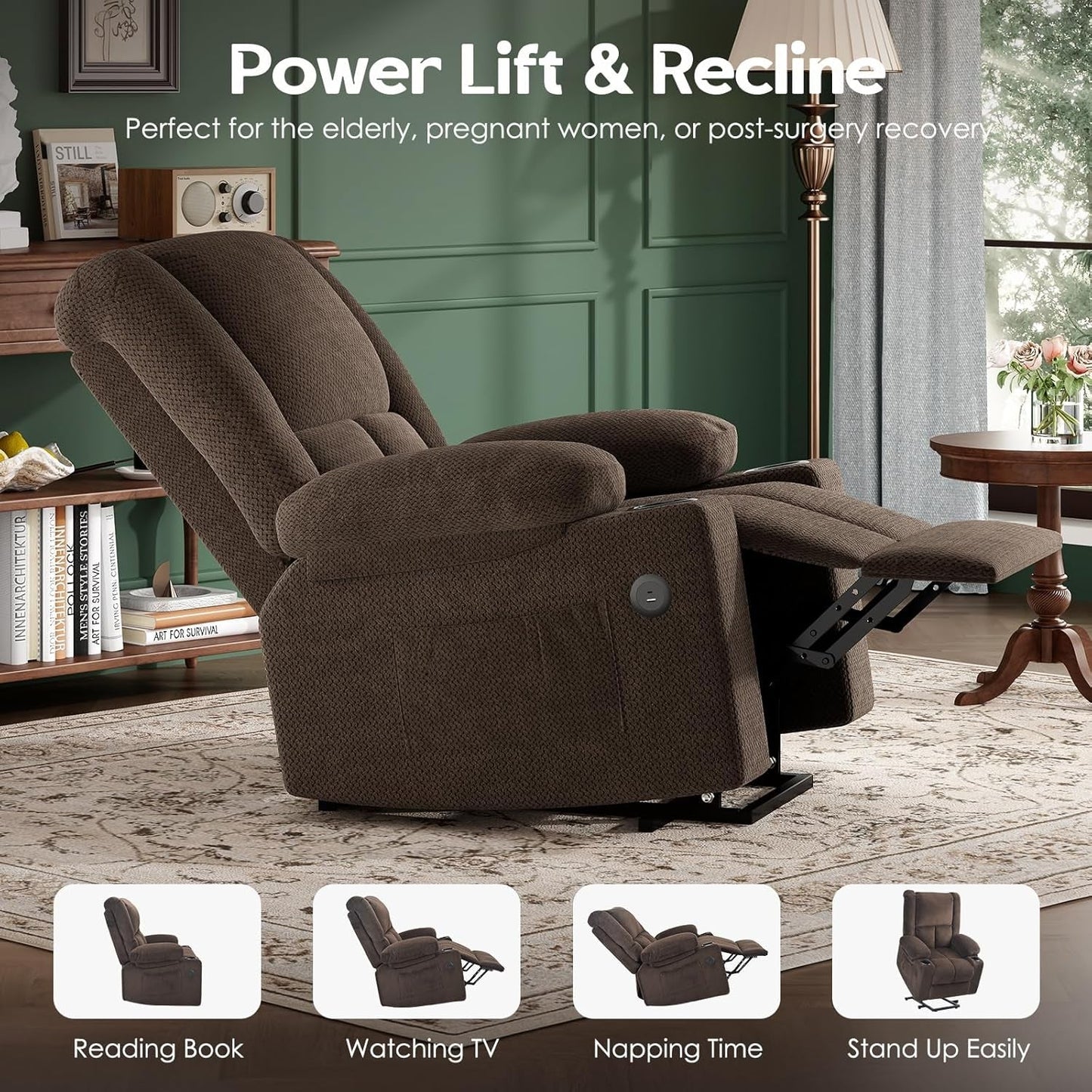 Power Lift Recliner Chair with Massage and Heat for Elderly People, USB Ports and Cup Holders-4