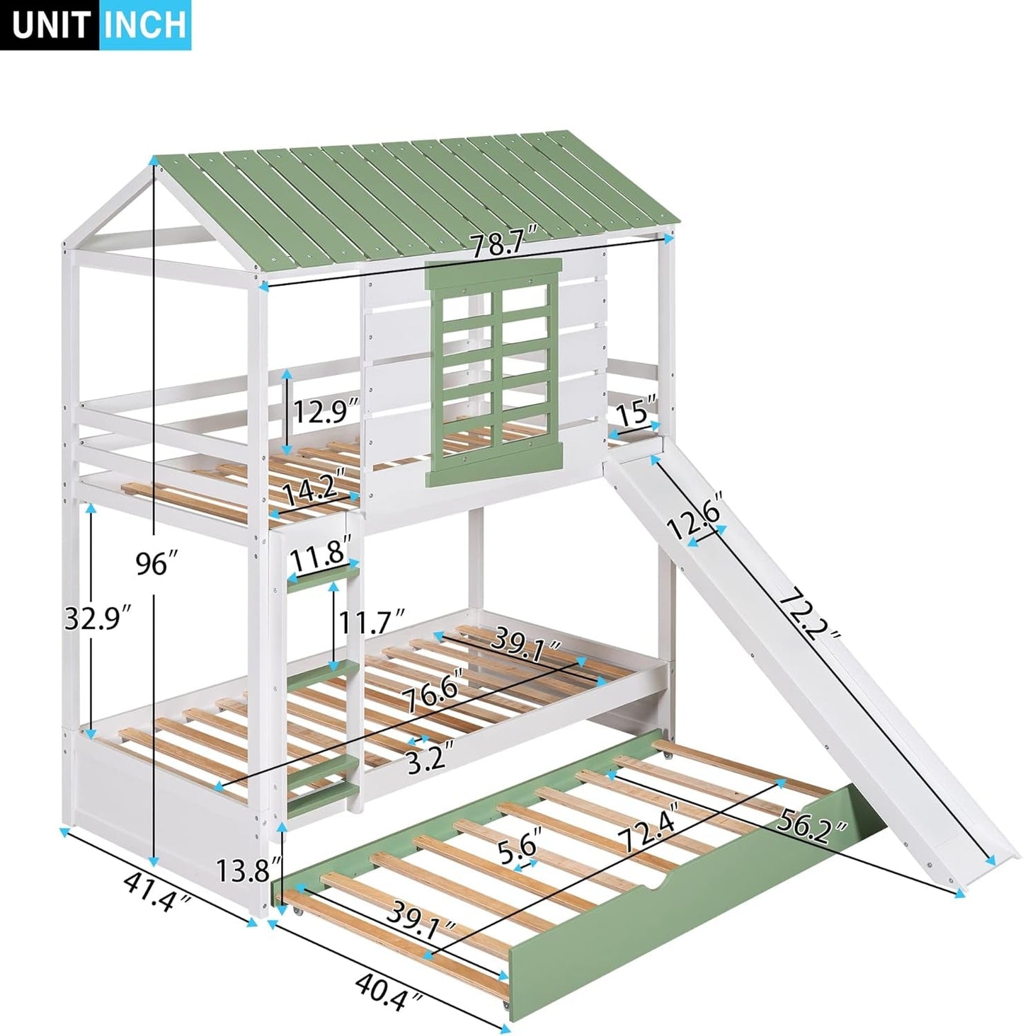 House Bunk Bed with Convertible Slide and Trundle, Solid Wood Bunk Bed Twin over Twin, for Kids Girls Boys (White+Green)-1