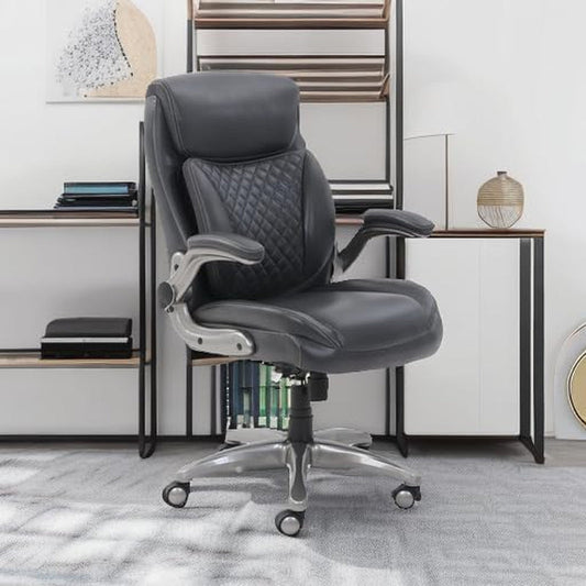 Ergonomic Desk Office Chair, Flip-Up Armrests, Adjustable Height, Grey Leather-1