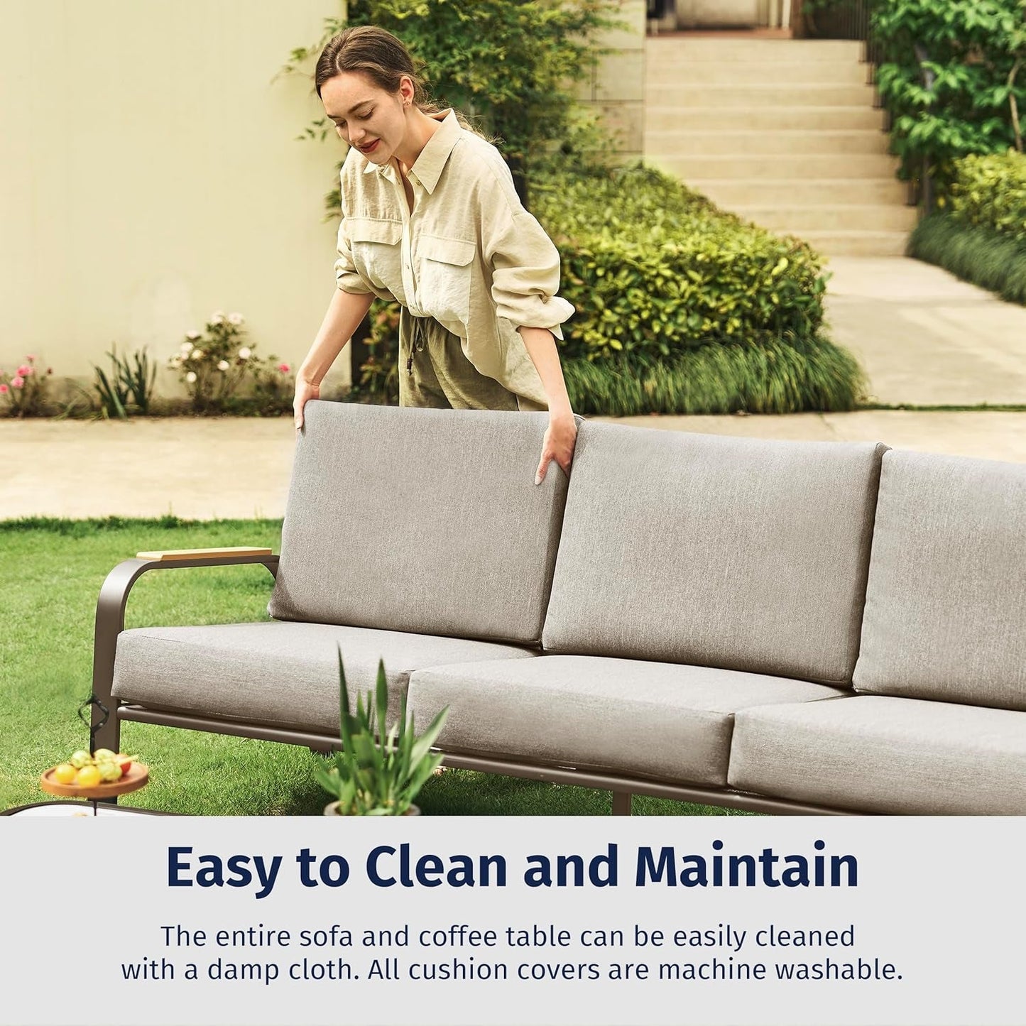 5 Seats Patio Furniture Set, Waterproof Outdoor Patio Furniture with Thick Cushion, 4-Piece outside Conversation Set with Coffee Table for Garden and Yard, Creamy Apricot-4