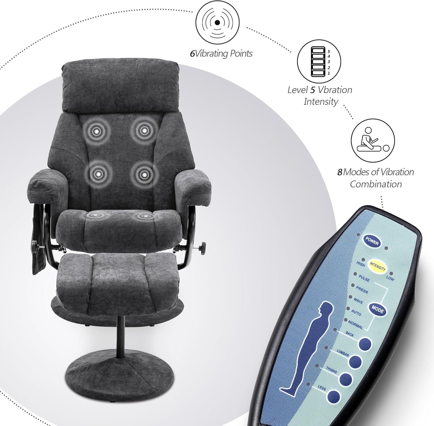 Swivel Recliner with Ottoman, TV Chair with Vibration Massage, Ideal for RV Small Space, Living Room & Bedroom 4539 4828 (Textile, Dark Grey)-4