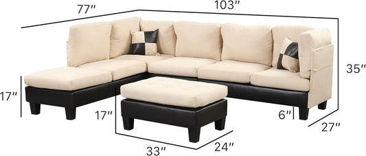3 Piece Microfiber and Faux Leather L Shaped Sectional Sofa Couch with Reversible Chaise & Ottoman-1