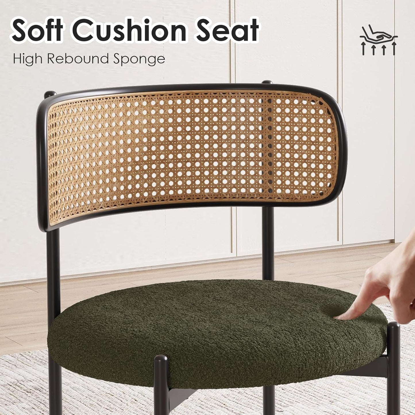 Kitchen Chairs Set of 2, Mid-Century Modern Dining Chairs,Kitchen Dining Room Chairs, Rattan Backrest round Upholstered Sherpa Dining Chairs(Green)-4