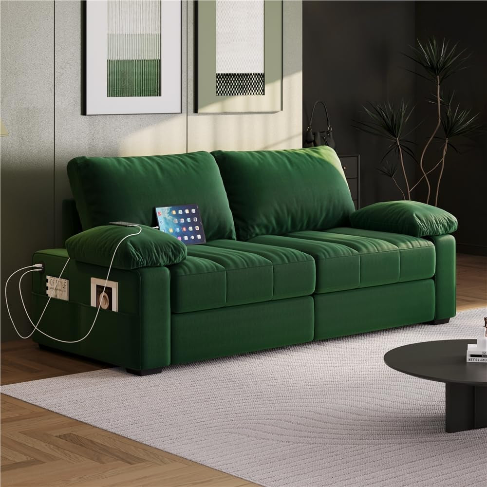 79" Velvet Couch, Comfy Sofa with Pocket Coils, Deep Seat, Storage Pockets and USB Ports, 2 Seater Modern Loveseat Sofas with Removable Cover, Pillow Top Arms for Living Room Apartment Green-2