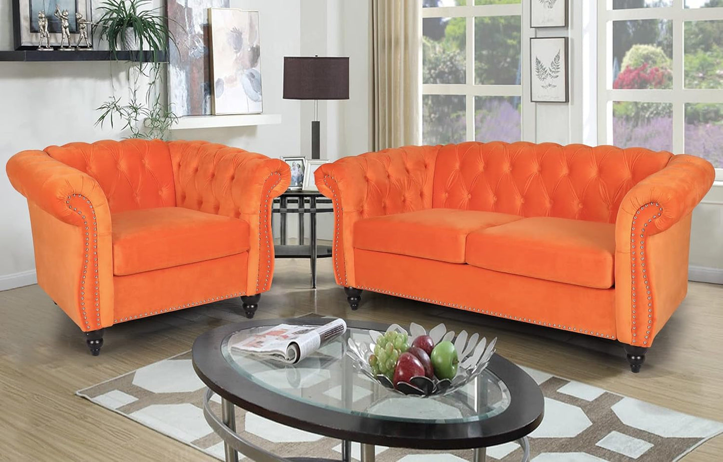 3 Pieces Living Room Furniture Sofa Set, Orange, Chesterfield Style, Velvet Upholstery, Nailhead Trim, Scrolled Arms, 1 Loveseat, 1 Club Chair, 1 Sofa-2