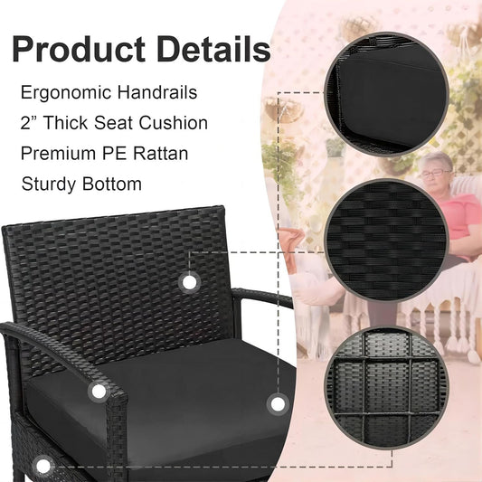 3 PCS Patio Rattan Conversation Chairs Set, Outdoor Patio Furniture Balcony Furniture Set, Wicker Patio Set for Garden Porch Balcony Yard, Black-1