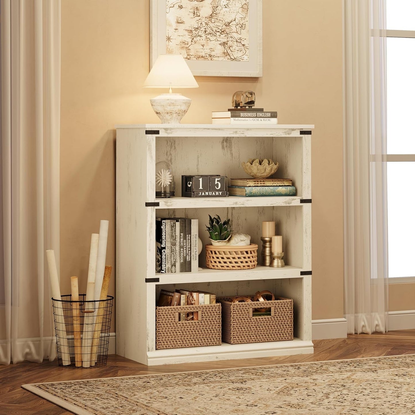 3 Tier Bookcase, Farmhouse Book Shelf with Storage, Low Book Case Wooden 3 Shelf Bookcase for Home Office, Living Room, Bed Room (White, 40.0" H X 31.5" W X 12.2" D)-2