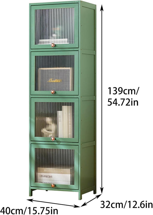 Bookcase with Clear Doors, 4-Tier Tall Bookshelf with Storage Cabinet, Bamboo Book Shelf and 4 Cube Organizer Book Case for Living Room, Freestanding Storage Cabinet (4-Tier Green)-1