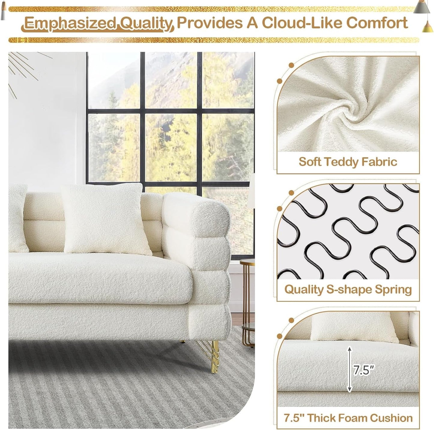 2 Piece Living Room Sofa Set, Comfy Boucle Couch with Loveseat and 3 Seater, Upholstered Sofa Couch with 2 Pillows and Deep Seat Design for Office, Waiting Room, White Teddy-2