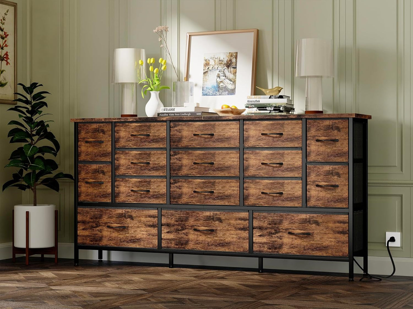 63.3 Inch TV Stand for Bedroom, 16 Large Drawer Dresser, Long TV Stand for 55, 65, 70 Inch TV with Power Outlets, Fabric Chest of Drawers for Bedroom, Living Room, Entryway, Rustic Brown-4