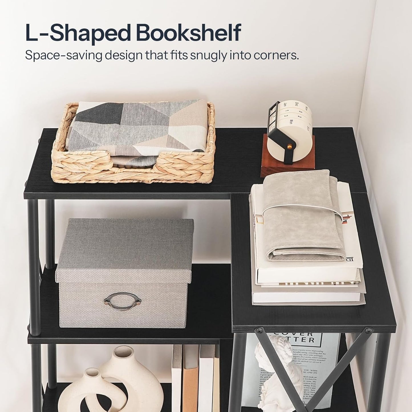 Corner Bookshelf, 5-Tier L-Shaped Bookcase, Industrial Open Display Shelf Tall Storage Organizer, Vertical Storage Rack, for Living Room, Home Office, Black BB60SJ01-4