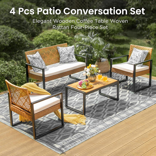 Wicker Patio Furniture Set for 4, Rattan Loveseat & Chairs with Beige Cushions & Acacia Wood Coffee Table, Outdoor Modern Sectional Conversation Sofa Set for Deck, Yard, Porch-1