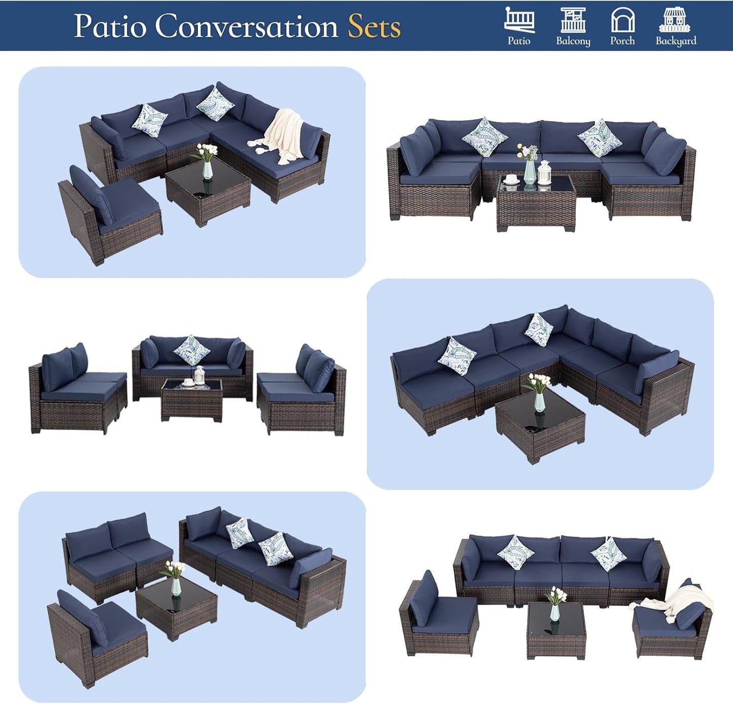 7 Pieces Outdoor Patio Furniture Set, Wicker Sectional Sofa Set Rattan Modular Patio Conversation Sets with Cushions Couch Set & Coffee Table for Outside, Garden, Balcony, Porch, Brown-Blue-4