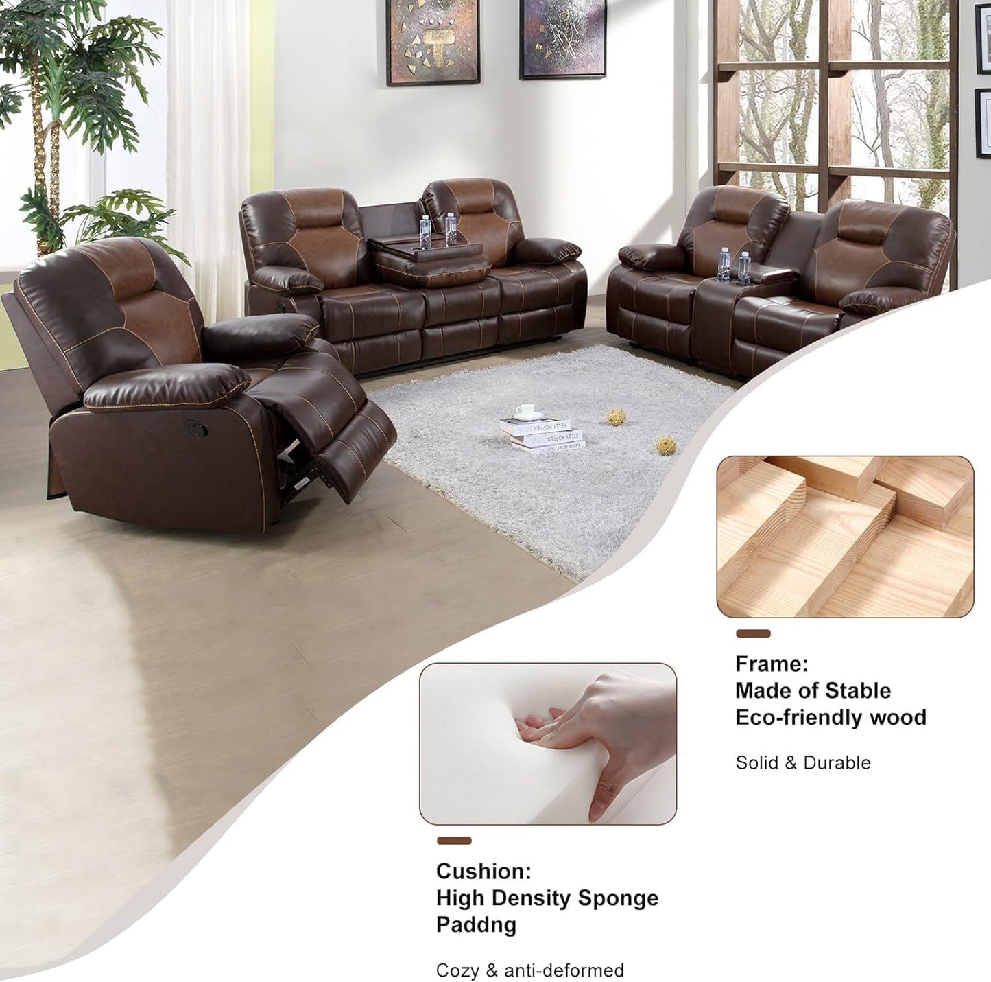 3 Piece Recliner Sofa Set Bonded Leather, Luxury Living Room Furniture Set, Leather Sofa Set Manual Reclining for Office Home (Brown)-2