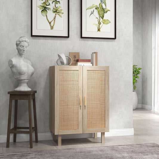 Sideboard Buffet Cabinet, Kitchen Cabinet, Coffee Bar Cabinet with 2 Rattan Doors and Adjustable Shelves, Natural-1