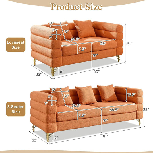 2 Piece Living Room Sofa Set, Comfy Boucle Couch with Loveseat and 3 Seater, Upholstered Sofa Couch with 2 Pillows and Deep Seat Design for Office, Waiting Room, Orange Teddy-1