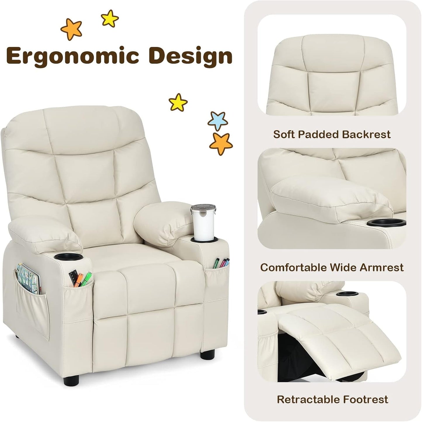 Kids Recliner Chair with Cup Holder, Adjustable Lounge Chair W/Footrest & Side Pockets for Children Boys Girls Room, Ergonomic Toddler Furniture Sofa, Kids Recliner (Beige)-1