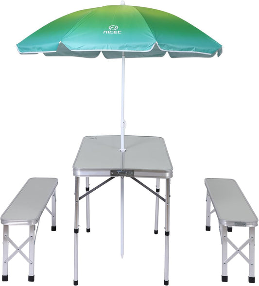 Folding Picnic Table with Umbrella Benches Mesh-1