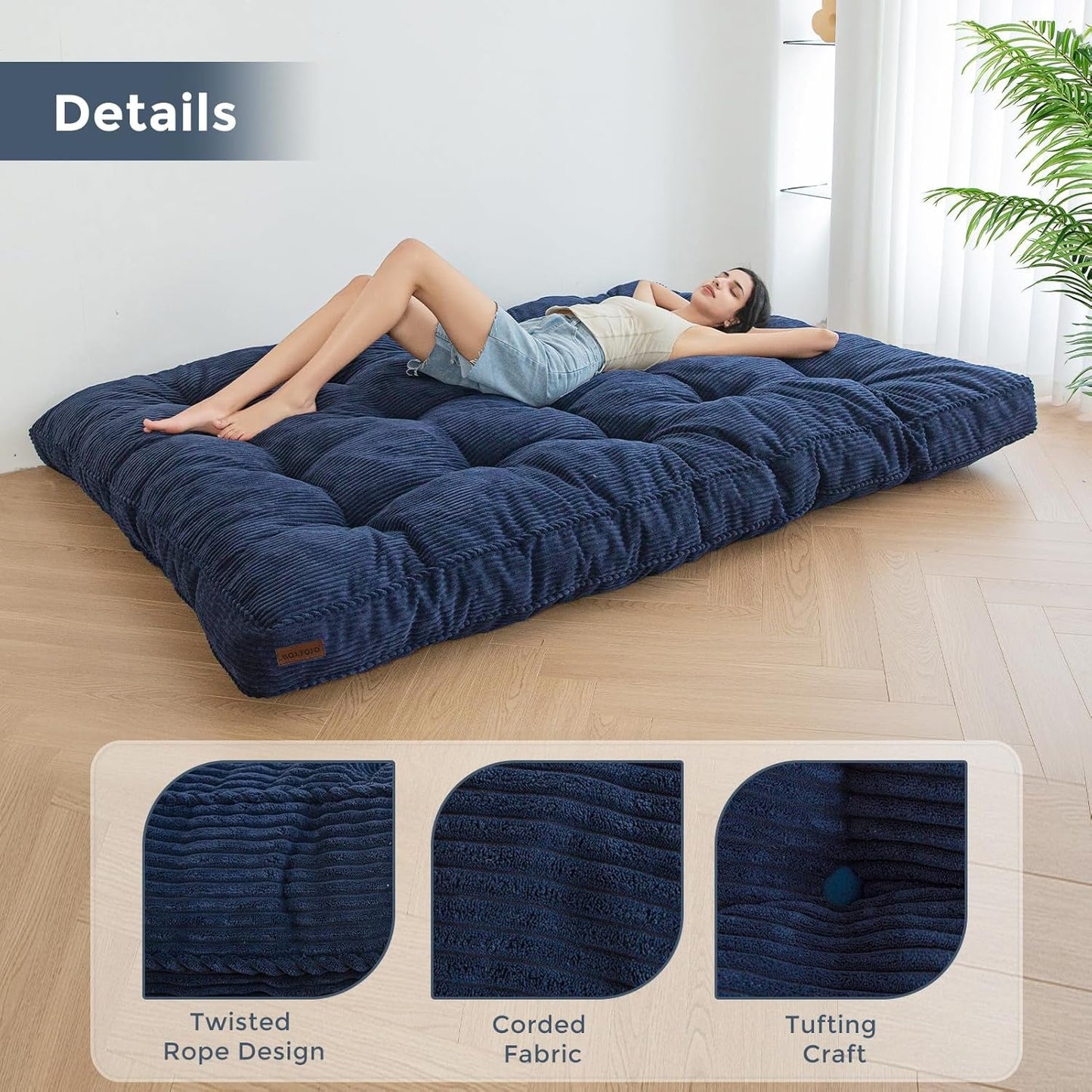 6" Futon Mattress Full Size, Tufted Futons Sofa Couch Bed, Extra Thick Floor Mattress for Adults, Shredded Foam Filling (Frame Not Included), Navy-4