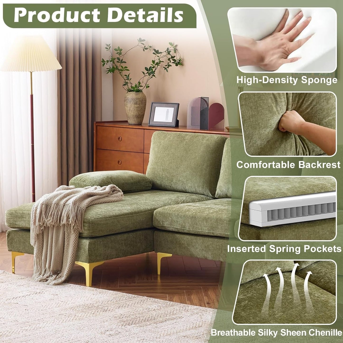 Olive Green 110" U-Shape Sectional Couch Double Chaise-3