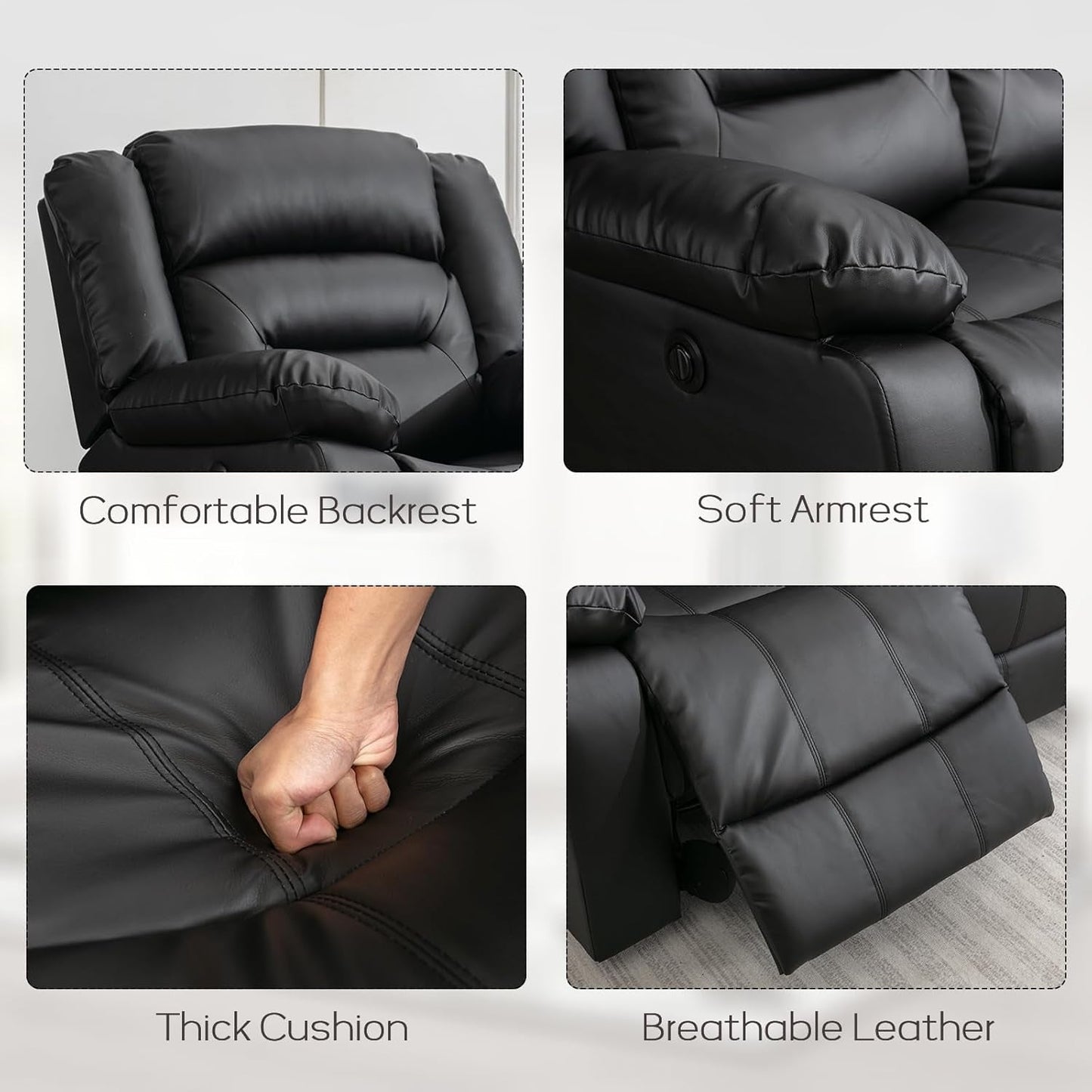 Faux Leather Power Recliner Sofa Set, Electric Recliner Chair, Loveseat Reclining Sofa and 3 Seat Recliner Sofa, Couch Set for Living Room, Bedroom Furniture, Meeting Room, Black-2