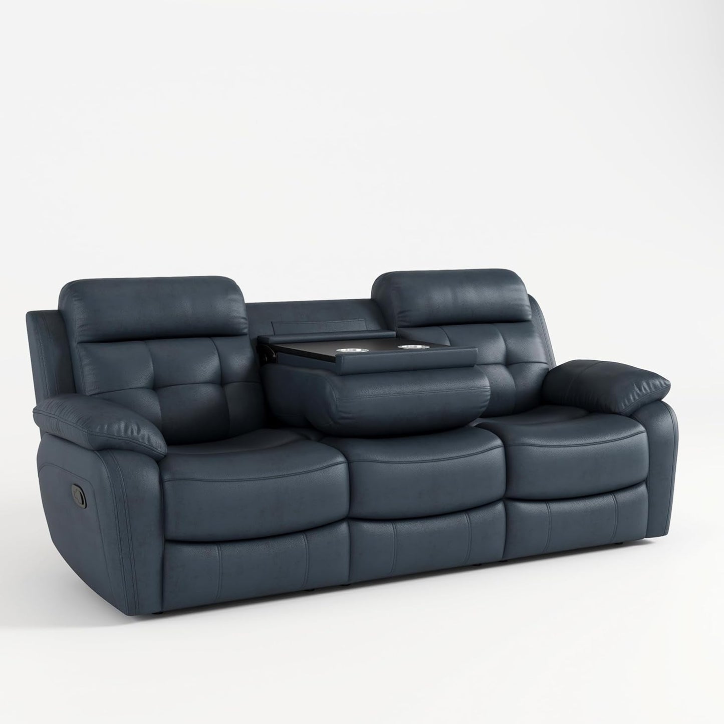 3-Seat Reclining Sofa, Tufted Power Reclining Sofa Couch with Drop down Table, PU Leather Reclining Sofa, Power Recliner for Living Room, Home Theater, Genuine Leather (Light Grey-Blue)-4