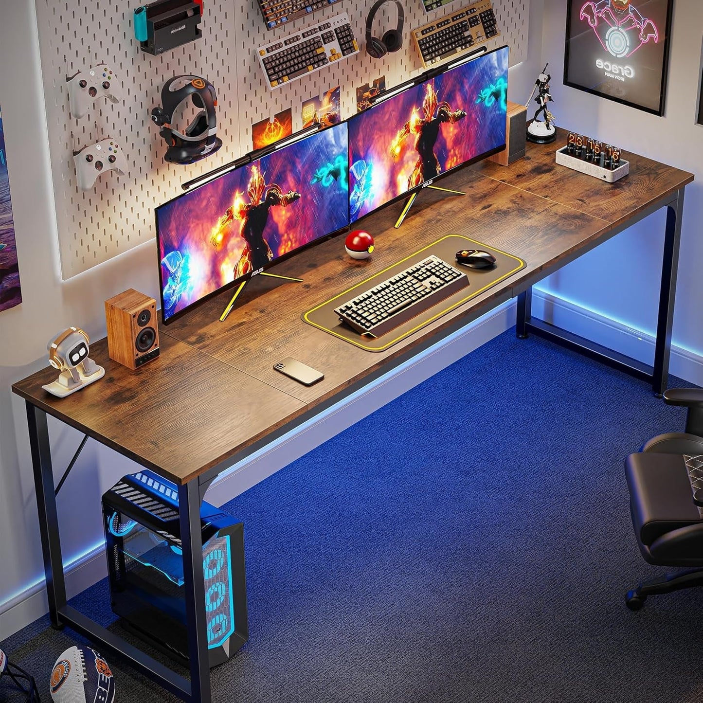 Computer Desk, 80 Inch Office Desk, Gaming Desk with Storage, Writing Desk Work Desk for Home Office, Study, Long Simple Desk, Large Legroom, Metal Frame, Rustic Brown-3